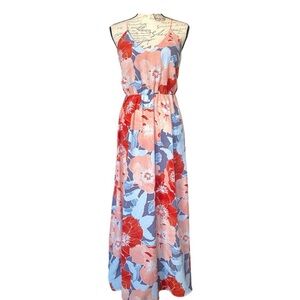 LOFT Floral Maxi Dress in Coral, Red & Sky Blue - size 12